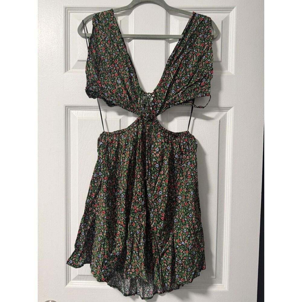Olivaceous Floral Cutout Mini Dress Womens Large Black Pink Green Boho NWT